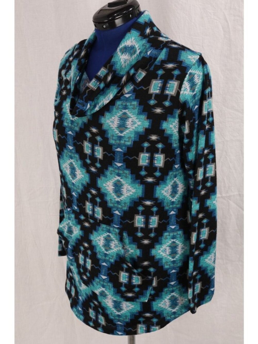 Aztec Southwestern Top Womens 1X Teal Black Cowl Neck Hoodie Kangaroo Pocket VTG - Picture 2 of 12